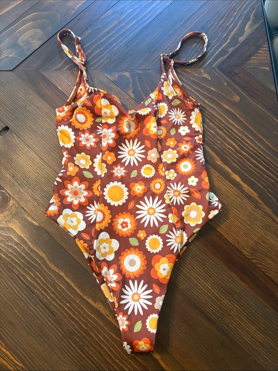 inner realm Other - Retro Floral One-Piece Swimsuit — Brown & Orange